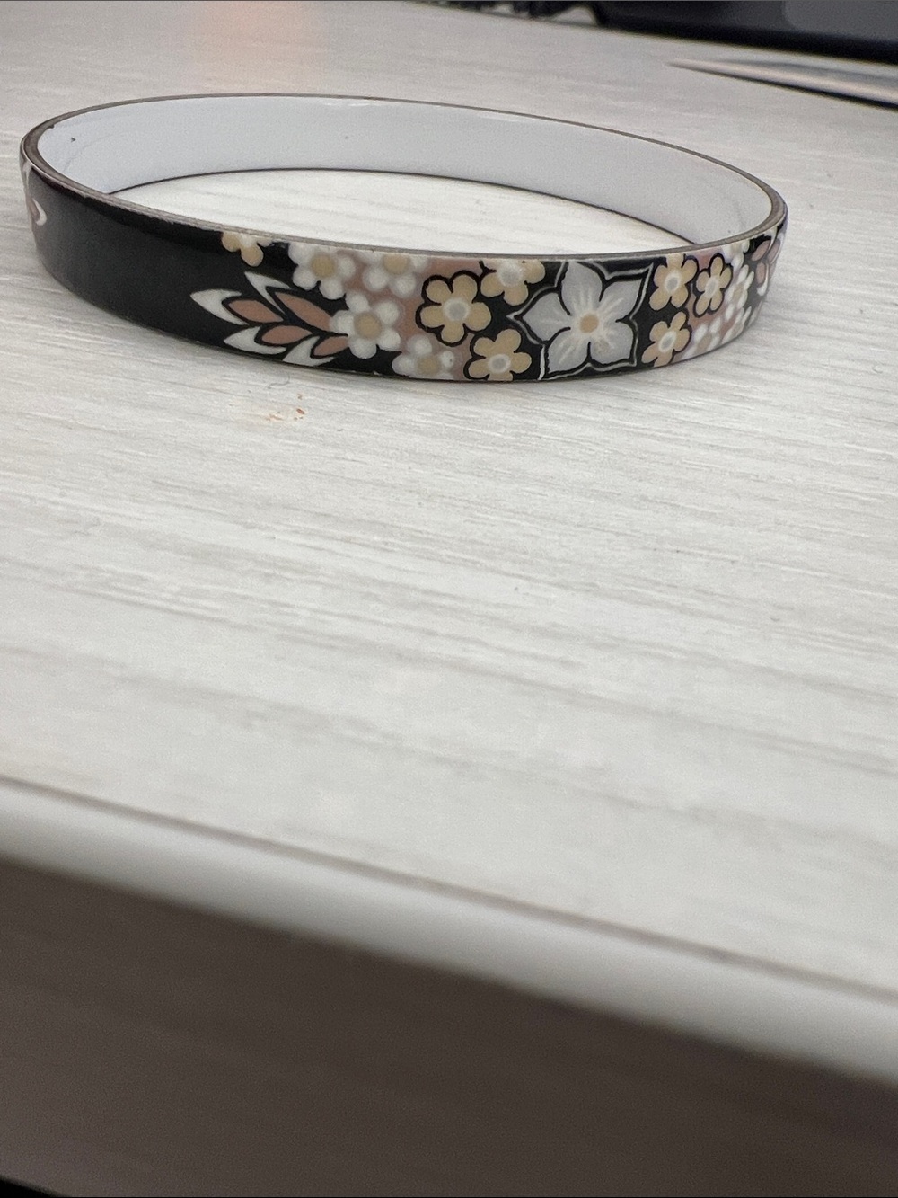 Black Floral Enamel Bangle Bracelet - Cream & Pink Flowers